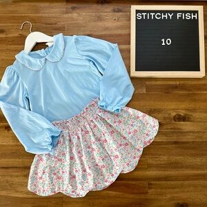 Stitchy Fish Sweet & Scalloped Blue Pink Floral Skirt Set 10 Long Sleeve Knit